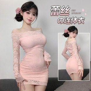 cutie新款纯欲风蕾丝气质一字肩连衣裙女性感紧身酒吧女包臀短裙