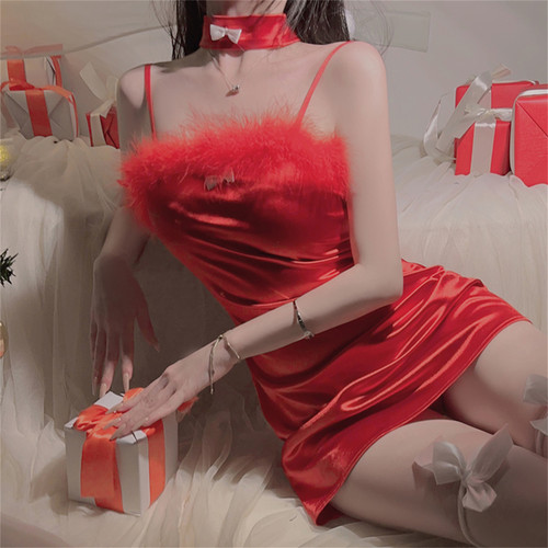 cutie:做你的猫性感露背毛绒装饰简约修身显瘦圣诞制服睡衣套装女