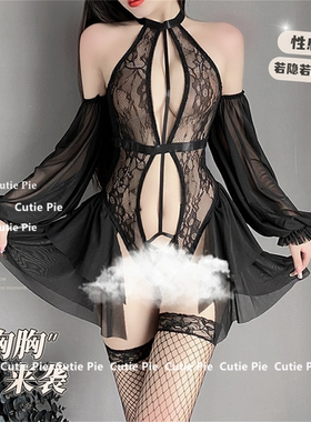 交叉比基尼黑色睡衣制服蕾丝纯欲性感内衣女公主聚拢挂脖系带连体