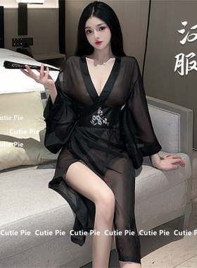 刺绣汉服性感透视中国风长裙连身裙制服夜店古典黑色异域风情睡裙