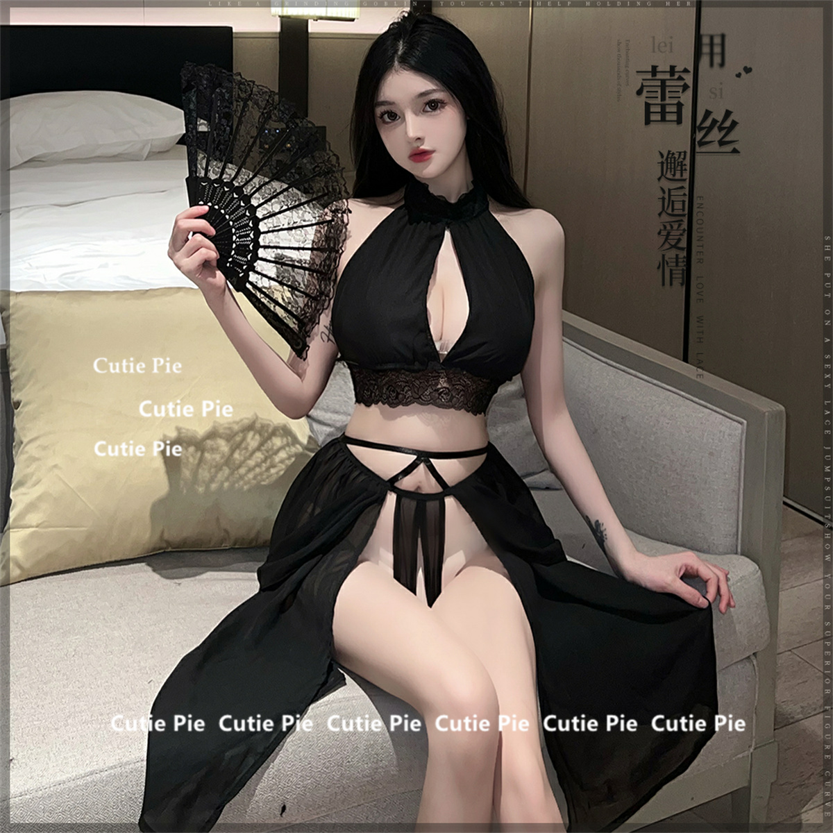 制服蕾丝又纯又仙女仆性感网纱睡衣汉服黑色女秋冬季吊带睡裙少女