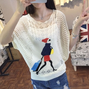 镂空针织衫T恤女春夏季女装宽松大码中袖蝙蝠衫空调网衫韩版线衣