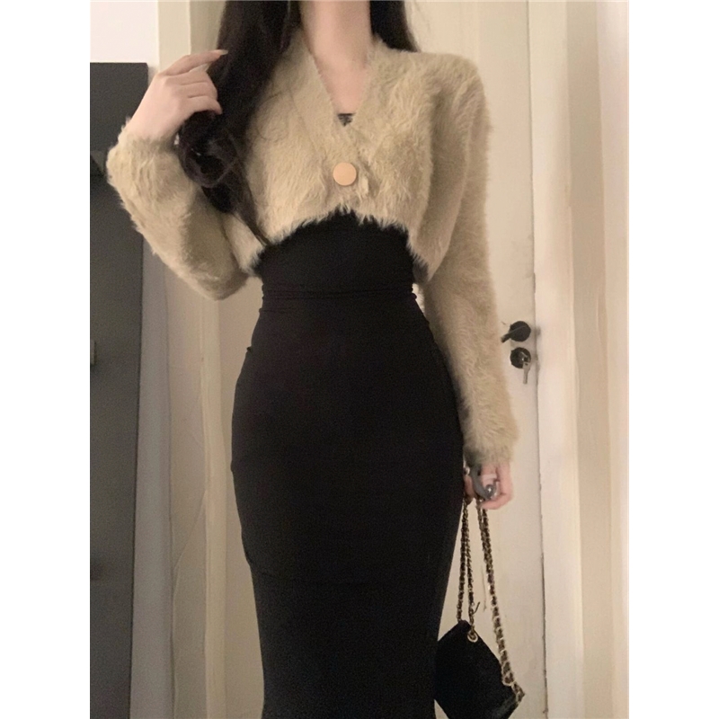 套装女2025秋冬新款纯欲风毛衣针织开衫外套收腰长袖连衣裙鱼尾裙