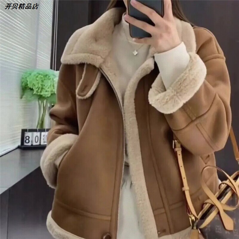 短款皮毛一体2026新款年百搭款加厚上衣外套棉服女秋冬机车服毛绒
