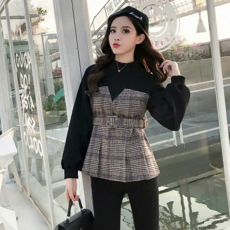卫衣女加绒加厚冬季韩版潮学生假两件套宽松套头拼接格子上衣