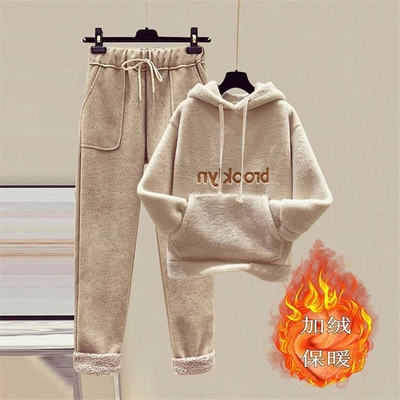 宽松加厚时尚两件套加绒学生毛呢裤女单/套装仿羊羔毛卫衣秋冬季