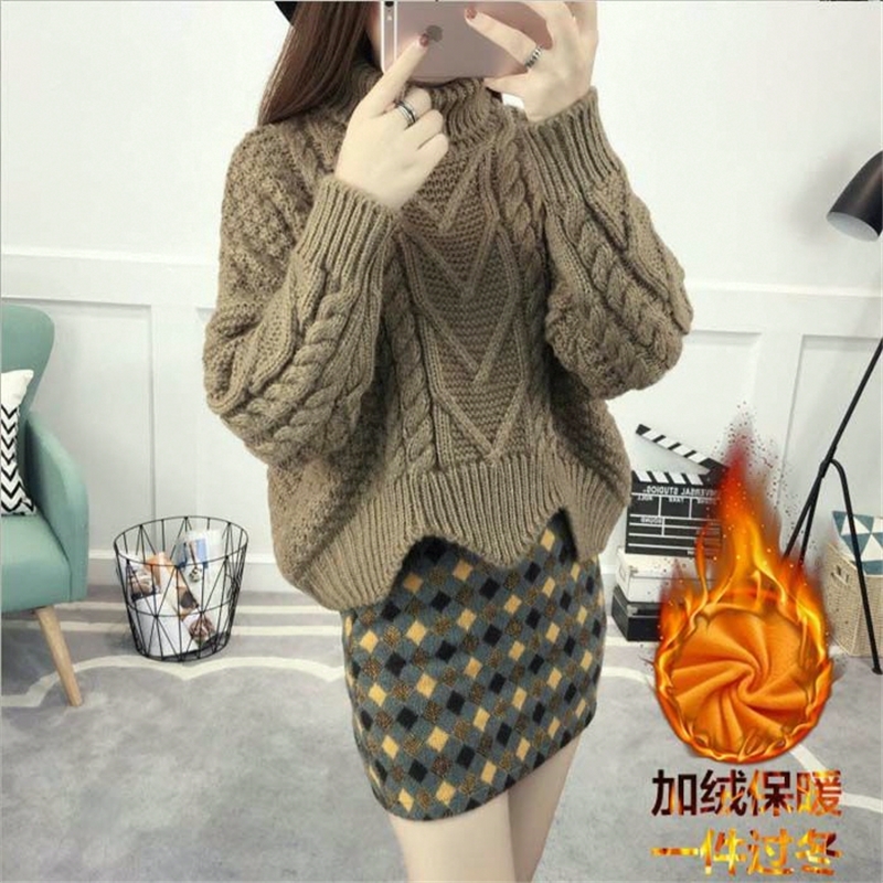 加绒/不加绒秋冬季韩版宽松高领套头毛衣女学生短款粗毛线外套潮