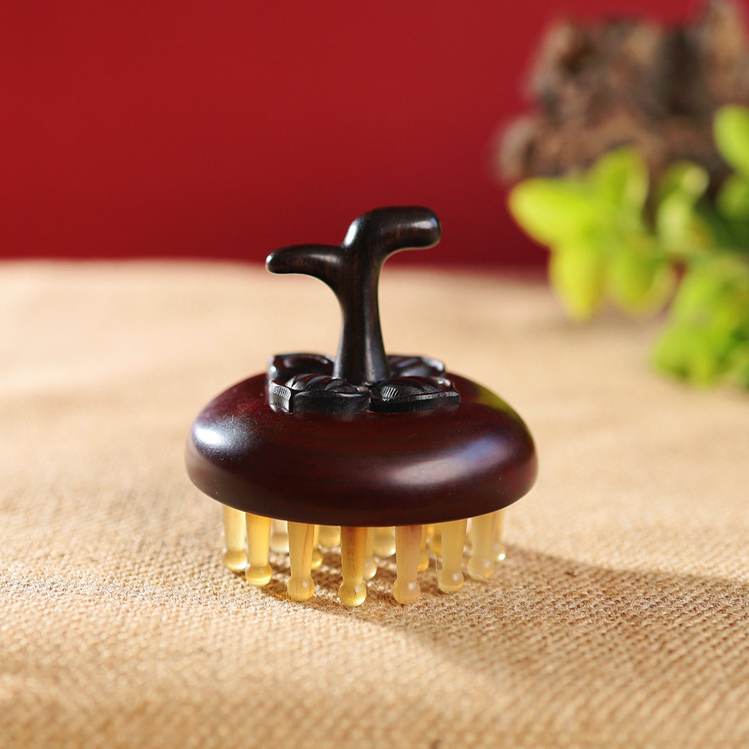 缎光紫檀木柿柿如意柿子按摩梳紫光檀羊角梳头皮经络实木梳子便携