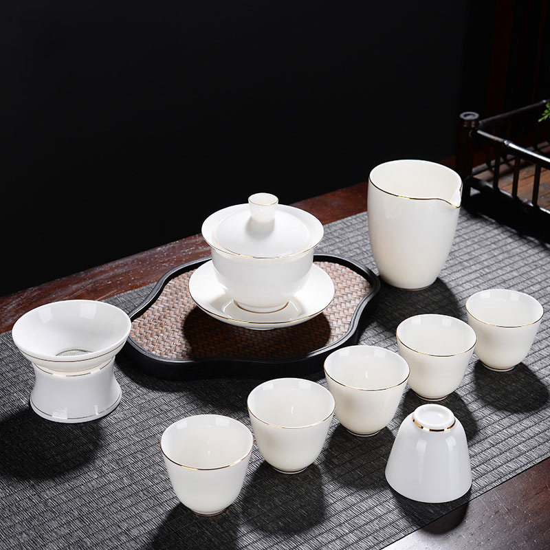 羊脂玉陶瓷白瓷功夫盖碗茶具套装礼会客泡茶器客厅家用茶壶茶杯