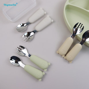 宝宝硅胶316不锈钢调羹辅食小熊叉勺婴儿自主进食勺子叉子儿童