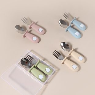 宝宝硅胶316不锈钢辅食叉勺 婴儿自主进食餐具学吃饭短柄卡通勺子