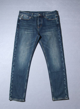 高端男士厚实纯棉弹力舒适牛仔裤合体修身版型中腰水洗做旧86115
