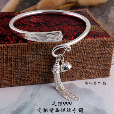 锤纹雪花银纯银手镯银镯子礼物