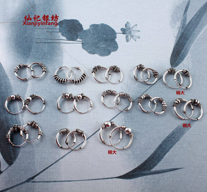 仙记 925纯银耳圈 泰银复古做旧耳骨钉男女 圆圈耳环个性耳扣耳坠