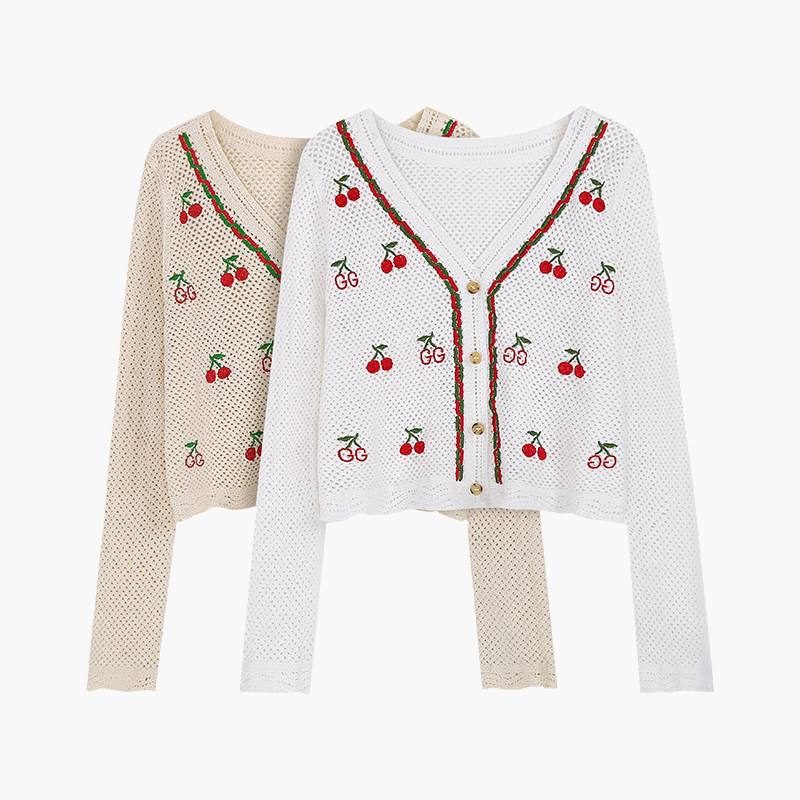 气质短款镂空针织开衫秋季新款女韩版少女风小刺樱桃绣外搭外套