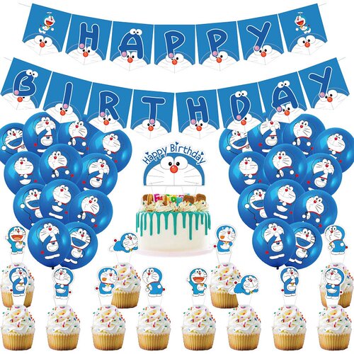 多啦A梦可爱叮当猫儿童生日派对彩旗装饰拉旗卡通动漫气球套装