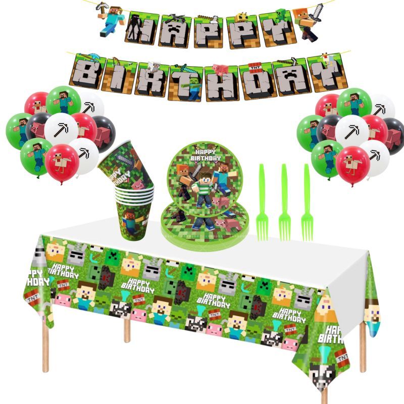 我的世界主题像素大战生日派对装饰场景布置一次性桌布纸杯盘帽