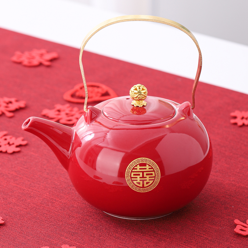 红色大号喜庆提梁壶陶瓷
