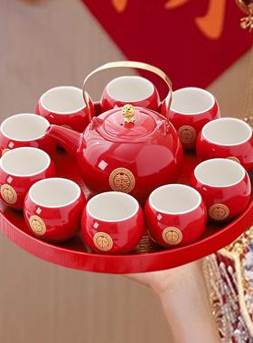 新人改口敬茶杯结婚茶具套装红色茶壶新娘陪嫁婚礼用品大全木托盘