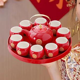 红色茶壶新娘陪嫁婚礼用品大全木托盘 新人改口敬茶杯结婚茶具套装