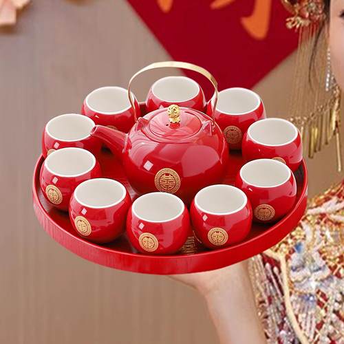 结婚茶具套装婚礼红色敬茶杯茶壶