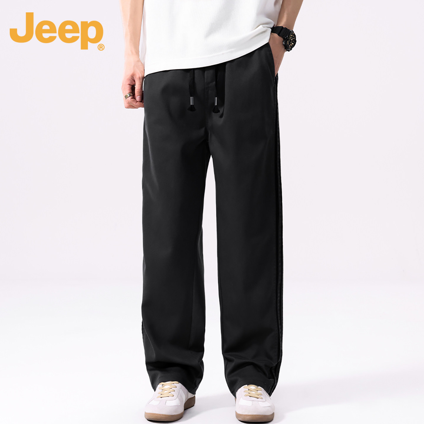 Jeep吉普侧边四道杠条纹拼接宽松垂感日常通勤户外百搭运动休闲裤,男装,休闲裤,淘宝优惠券,粉丝福利购,淘宝优惠卷
