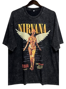 新款欧美Nirvana 涅槃乐队直喷印花做旧摇滚金属短袖T恤T-SHIRT