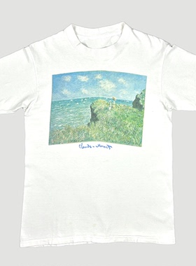 90's Claude Monet莫奈Cliff Walk悬崖步道油画文艺休闲短袖T恤夏