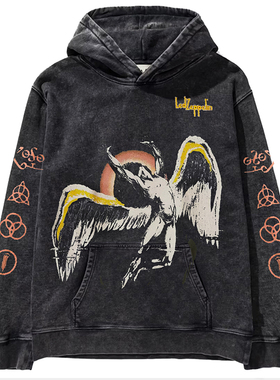 秋冬新品齐柏林飞艇乐队Led Zeppelin专辑摇滚水洗复古连帽卫衣男