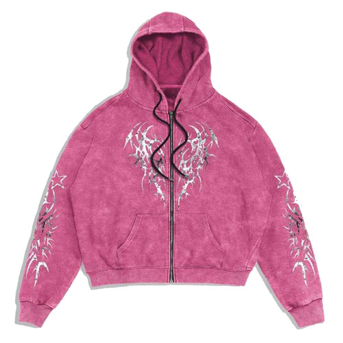 暗黑荆棘图腾美式水洗拉链外套男