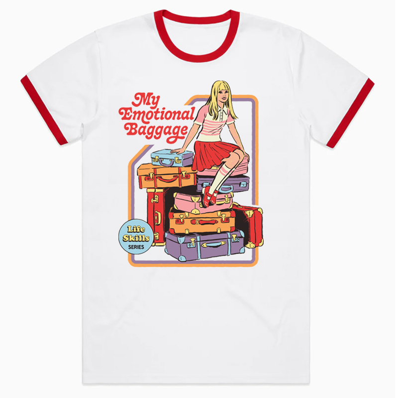 2024新款小女孩欧美插画我的情感包袱撞色小清新男女款情侣短T恤