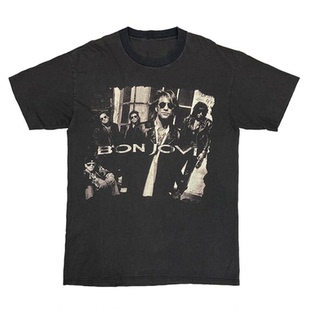 印花欧美风式 硬摇滚乐队BON JOVI邦乔维男女同款 复古数码 T恤 短袖