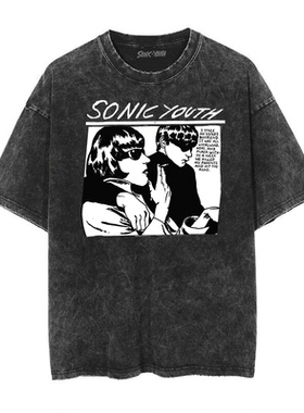 音速青年Sonic Youth摇滚乐队夏季做旧水洗复古蜡染宽松短袖T恤