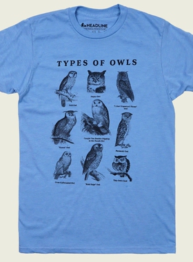 TYPES OF OWLS猫头鹰的种类 恐龙美式复古简约经男女款短袖T恤