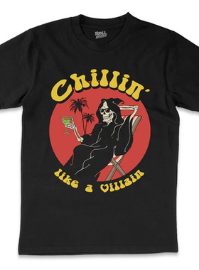 CHILLIN骷髅恶魔潮牌趣味插画设计高级感男女宽松直喷休闲T恤短袖