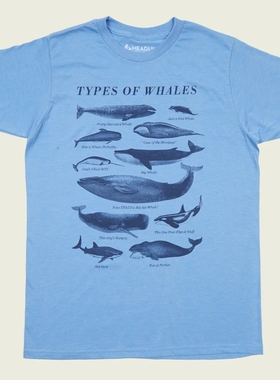 欧美风TYPES OF WHALES鲸鱼的种类鲨鱼美式复古经典男女款短袖T恤