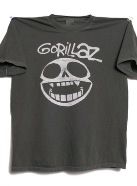 英国虚拟乐队Gorillaz骷髅头印花复古轻水洗做旧圆领宽松短袖T恤