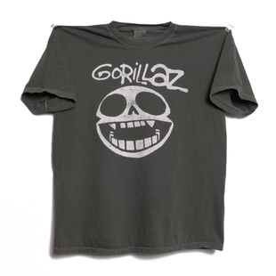 英国虚拟乐队Gorillaz骷髅头印花复古轻水洗做旧圆领宽松短袖T恤