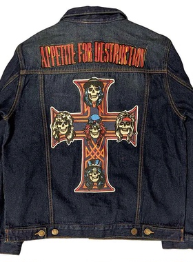 枪花ACDC乐队涅槃摇滚深蓝色翻领牛仔夹克欧美街头机车牛仔衫外套