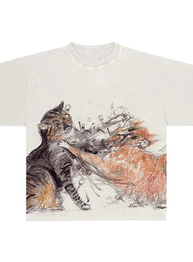 Artistic Cat抽象艺术猫复古图数码印花美式水洗做旧休闲短袖T恤