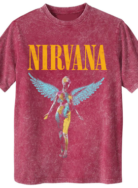 涅槃乐队摇滚Nirvana天使水洗做旧美式复古300克重磅红色厚短T恤