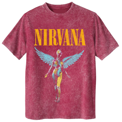 Nirvana天使水洗做旧重磅红色T恤