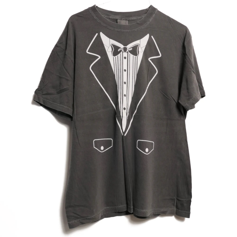 Vintage Tuxedo复古礼服套装西装领数码印花轻水洗做旧短袖T恤男 - 实物图
