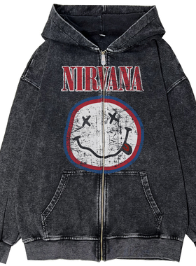 秋冬Nirvana涅槃乐队摇滚美式复古做旧水洗拉开衫链连帽卫衣外套