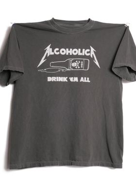 Alcoholica酒精酸杆菌属乐队格印花美式轻水洗做旧复古宽松短袖男