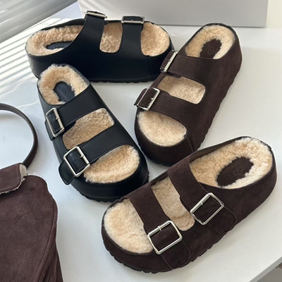 牛皮拼羊羔毛皮带扣厚底毛拖鞋