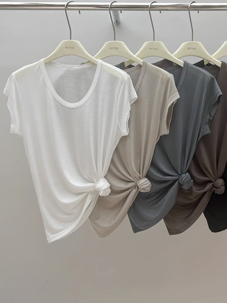 [SPOT] TENCEL IS EASY TO WEAR SOFT AND COMFORTABLE U-NECK CLAVICLE MASK SHORT SLEEVE T-SHIRT WOMENS SUMMER EUROPEAN STATION WOMENS TOP