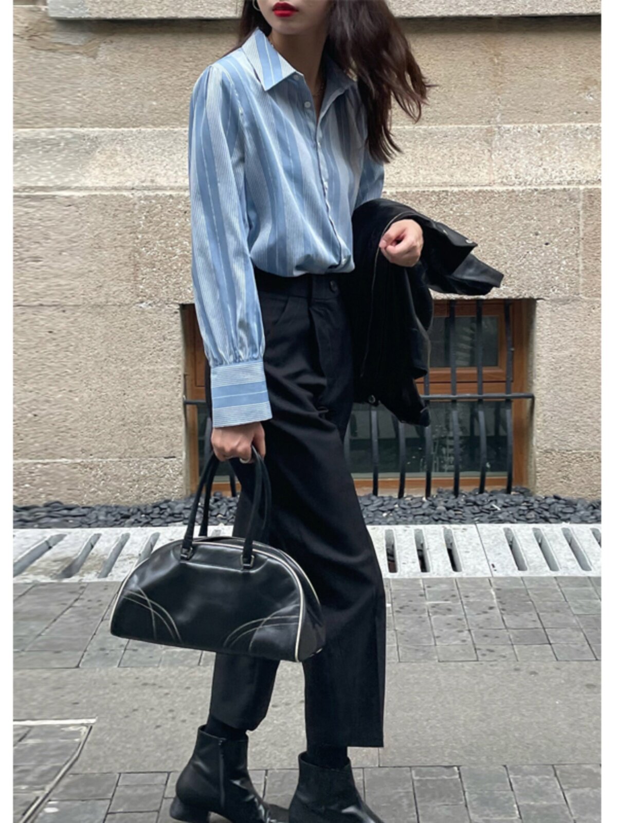 PERIWINKLE BLUE SHIRT WOMENS SPRING 2024 KOREAN VINTAGE LADIES BLUE STRIPED SHIRT LOOSE LONG SLEEVE TOP