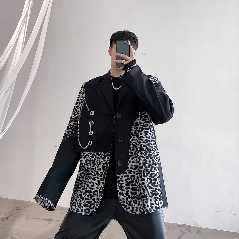 韩版复古豹纹拼接西服设计感个性小众西装男潮A345-1226-P135,男装西服套装,电商A345
