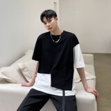 夏季黑暗个性黑白撞色不规则拼接休闲短袖男潮A345-1802-P55，男装T恤，电商A345